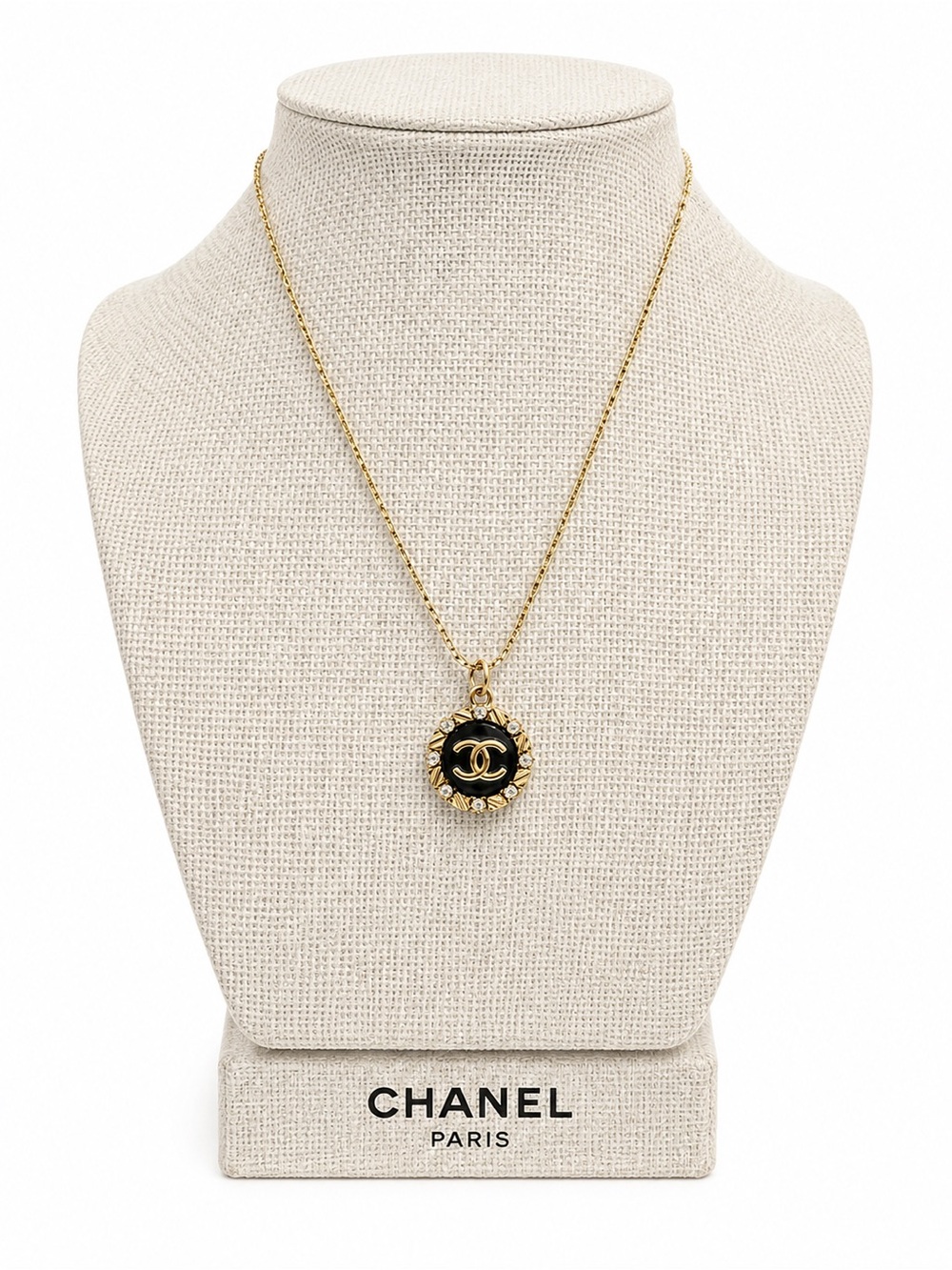 Authentic Chanel CC Black Enamel Crystal Medallion Necklace-gold tone-